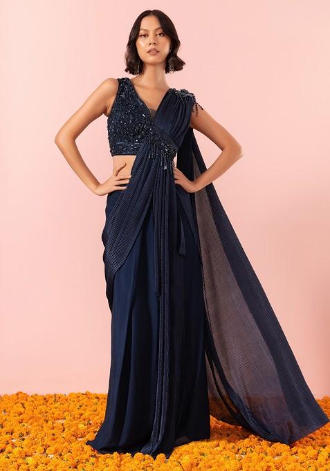 Navy Pre-Stitched Saree Set With Sequin And Bead Embellished Blouse