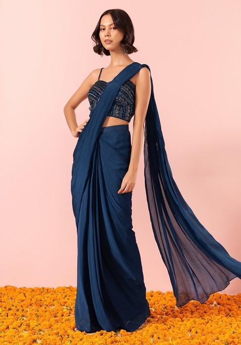 Women's Tissue Light Blue Embellished Designer Saree With Blouse Piece