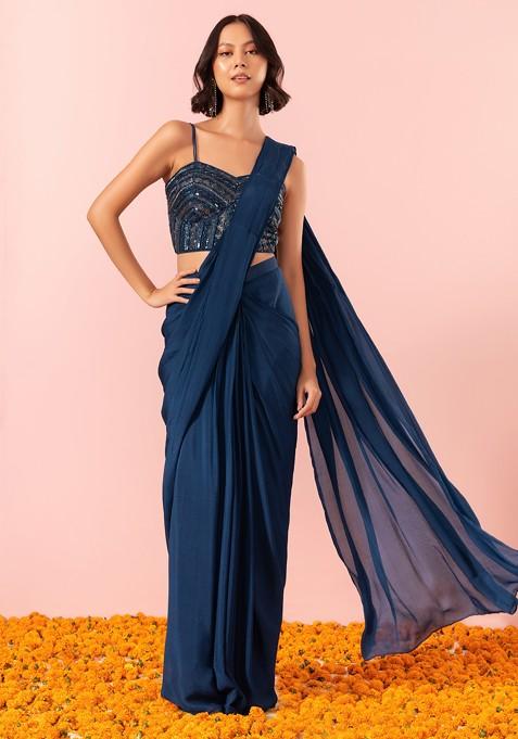 Aqua Blue Draped Saree Set with Embellished Blouse