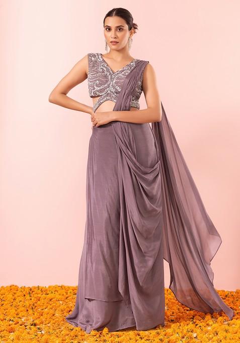 Mauve Pre-Stitched Saree Set With Sequin Embellished Blouse