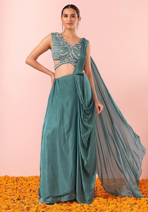Sage Green Pre-Stitched Saree Set With Sequin Embellished Blouse