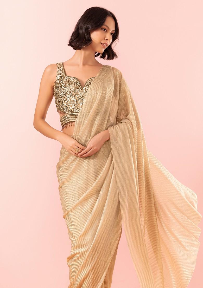 Gold Shimmer Pre-Stitched Saree Set With Sequin Embellished Blouse - Indya