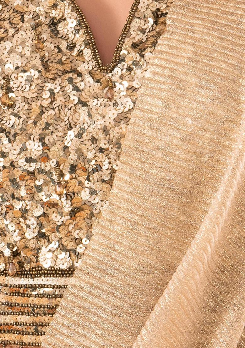 Gold Shimmer Pre-Stitched Saree Set With Sequin Embellished Blouse - Indya