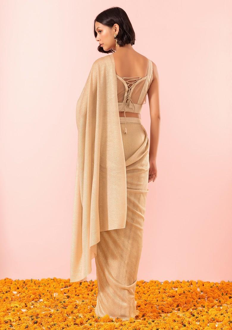 Gold Shimmer Pre-Stitched Saree Set With Sequin Embellished Blouse - Indya