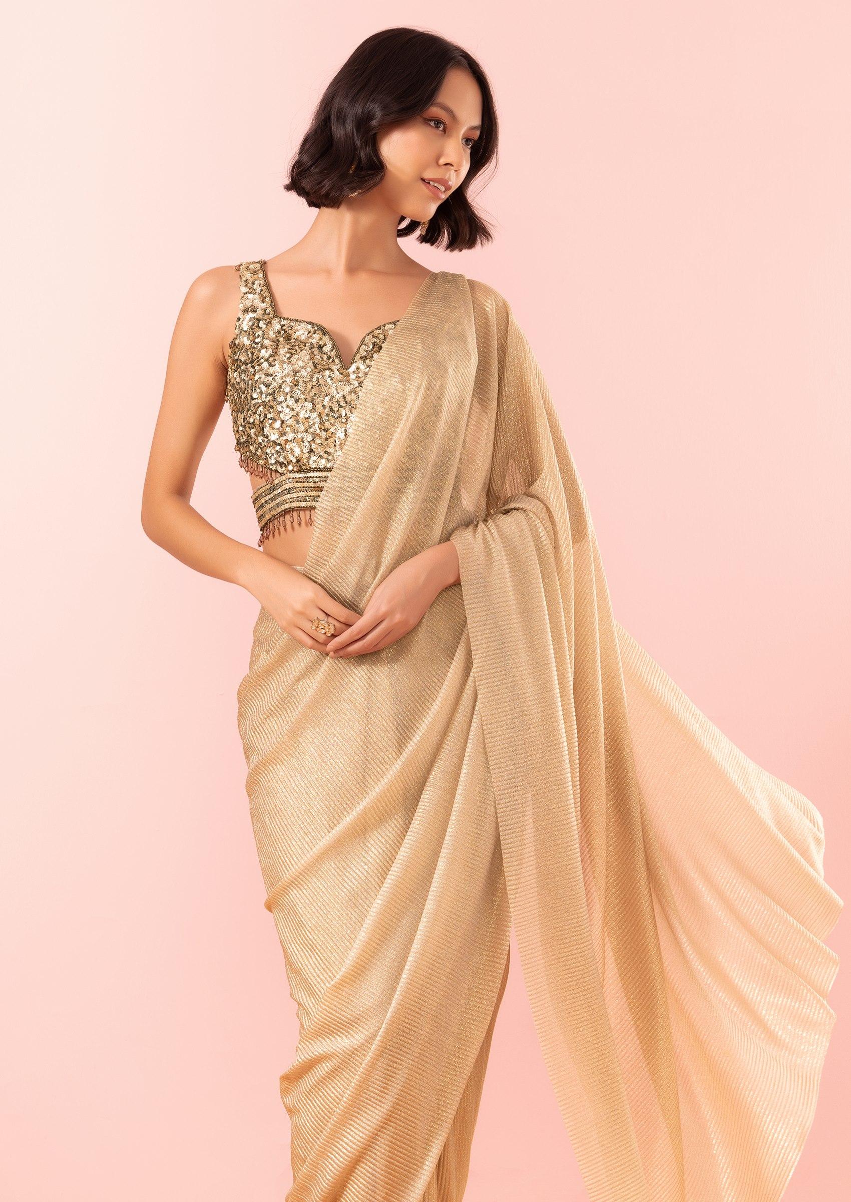 Gold Shimmer Pre-Stitched Saree Set With Sequin Embellished Blouse - Indya