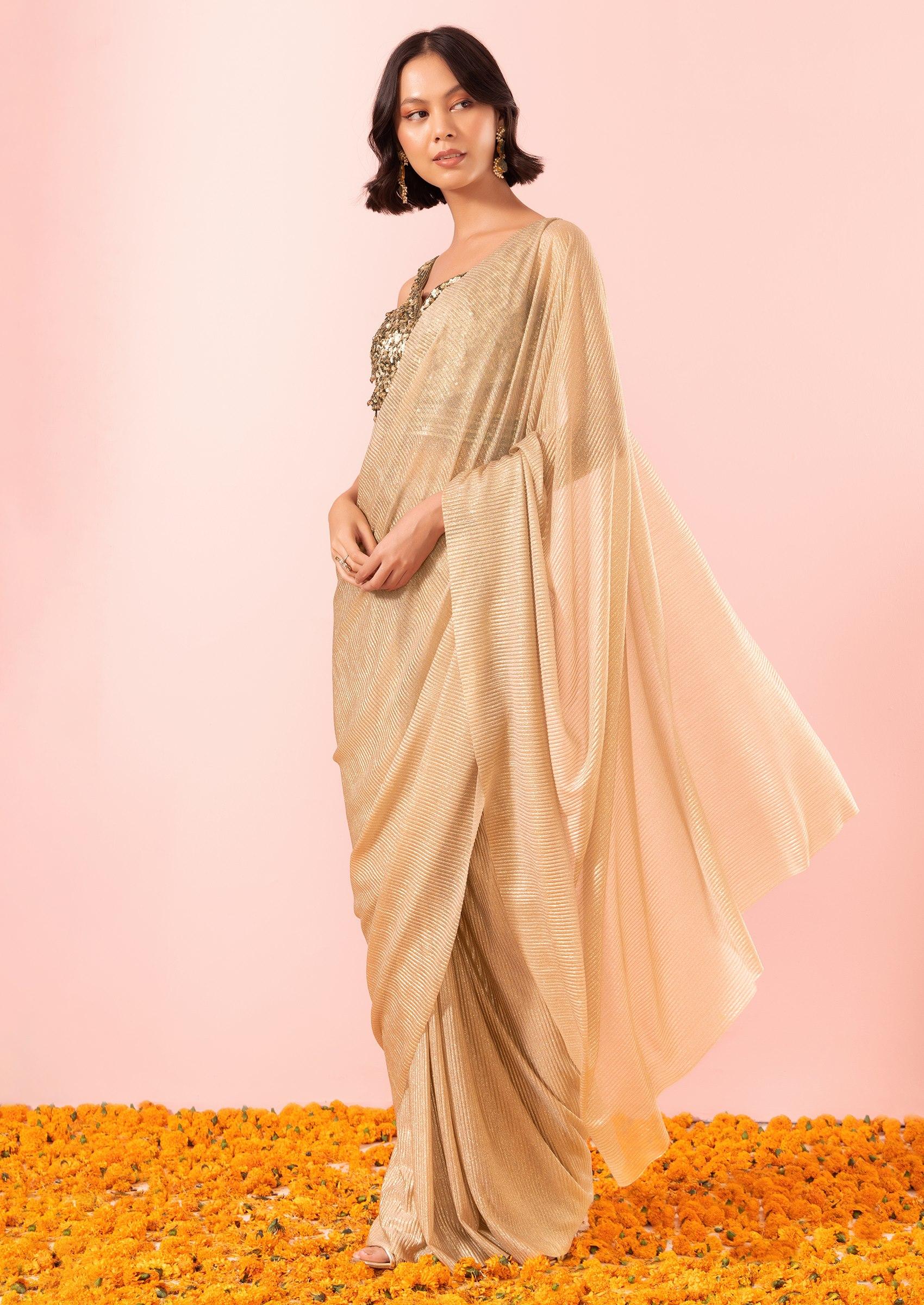 Gold Shimmer Pre-Stitched Saree Set With Sequin Embellished Blouse - Indya