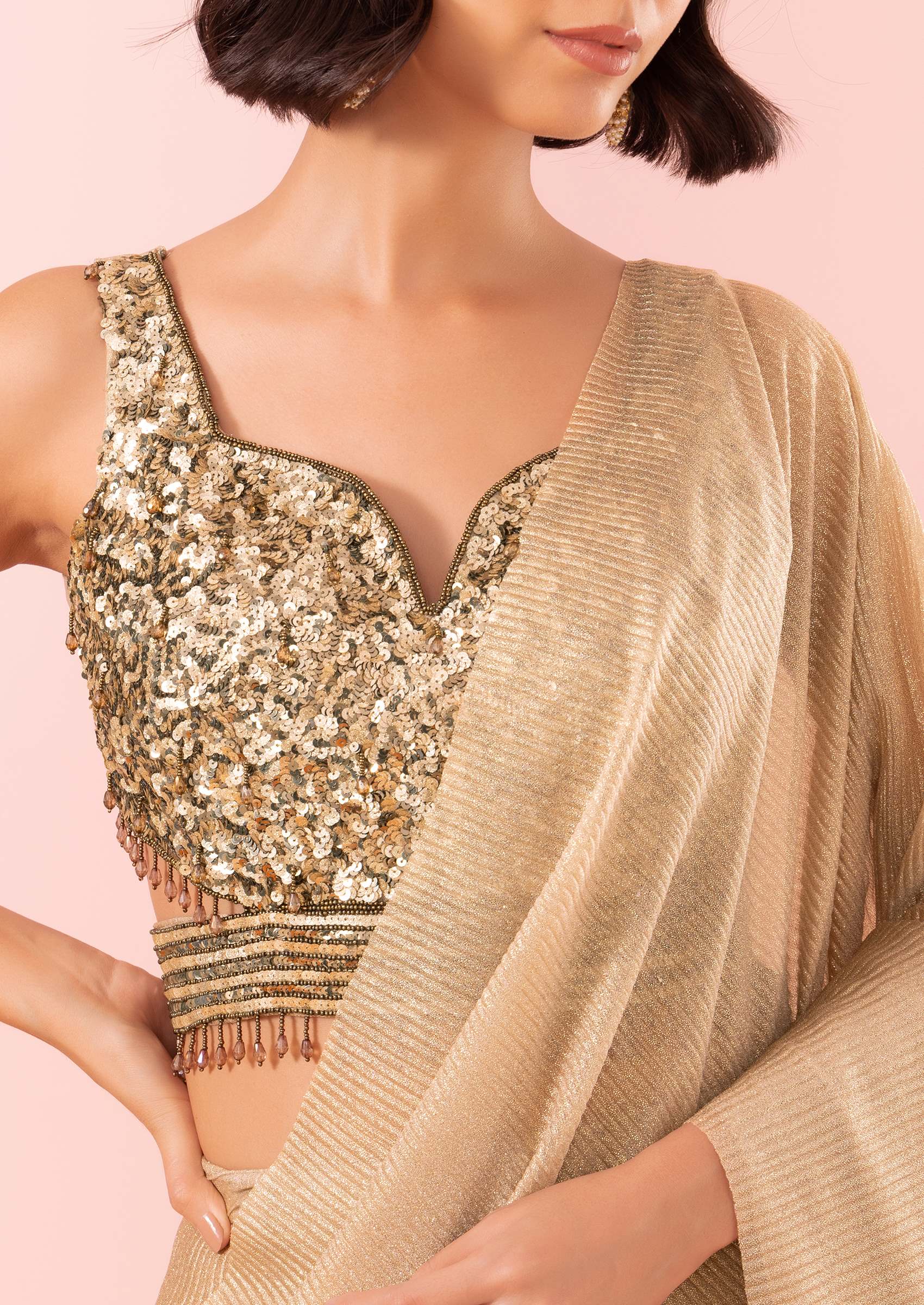 Gold Shimmer Pre-Stitched Saree Set With Sequin Embellished Blouse - Indya