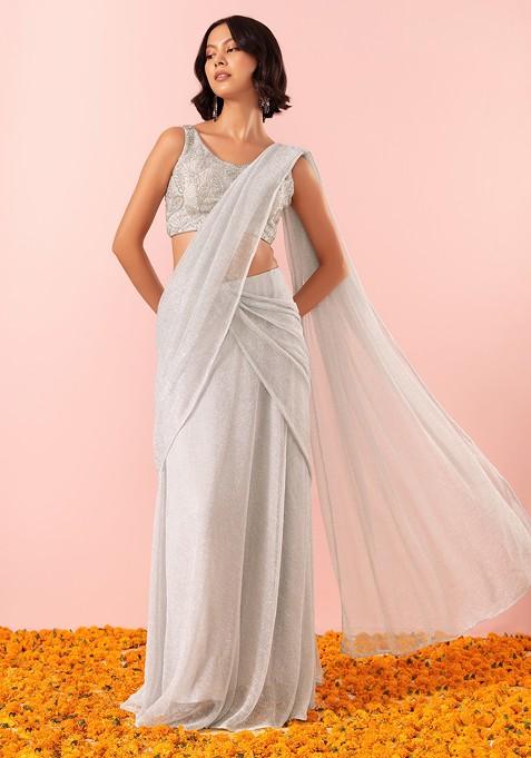 Grey Shimmer Pre-Stitched Saree Set With Sequin Embellished Blouse