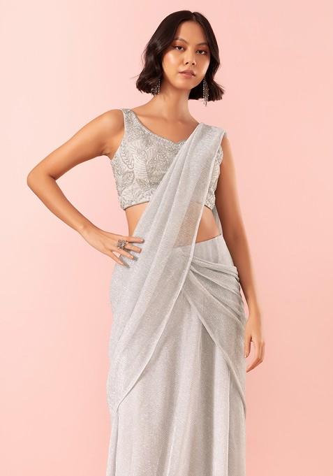 Ruffled Pre-Draped Shimmer Saree with Oxidised Embroidery and Embellished Net Blouse