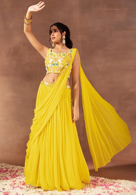 Yellow Pre-Stitched Saree Set With Multicolour Thread Embroidered Blouse