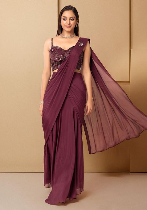 Maroon Pre-Stitched Saree Set With Abstract Sequin Embellished Blouse