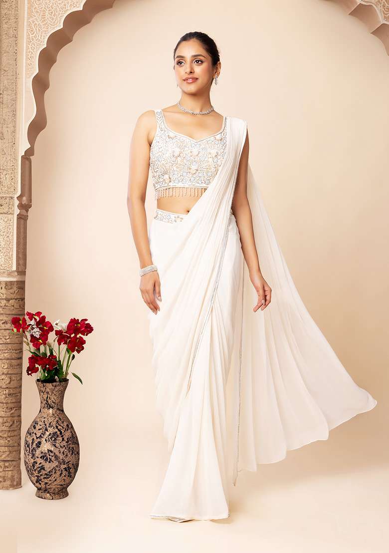 Ivory Pre-Stitched Saree Set With Floral Embroidered Blouse - Indya