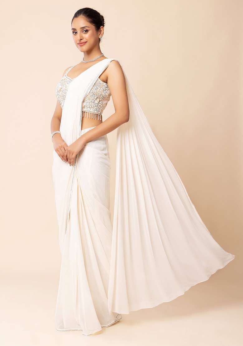 Ivory Pre-Stitched Saree Set With Floral Embroidered Blouse - Indya
