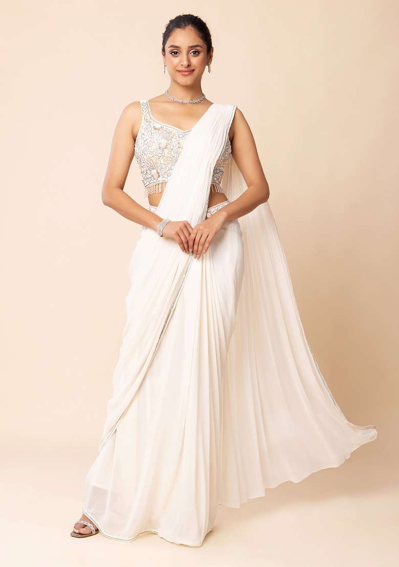 Ivory Pre-Stitched Saree Set With Floral Embroidered Blouse - Indya