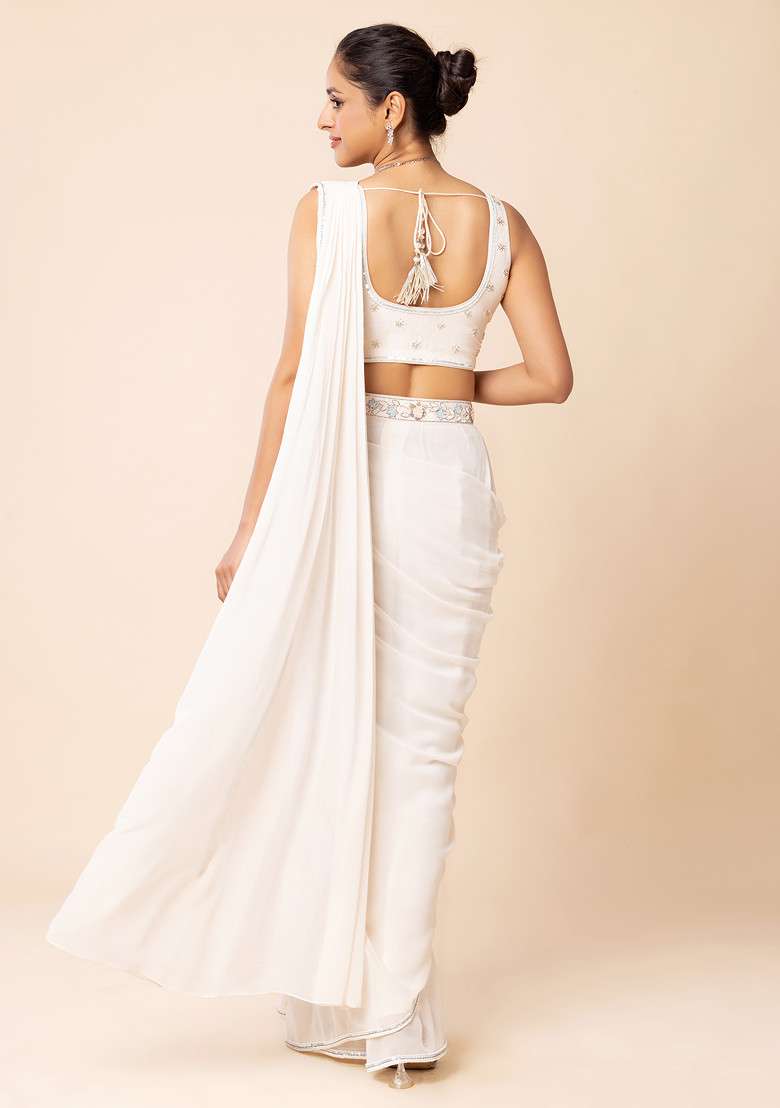 Ivory Pre-Stitched Saree Set With Floral Embroidered Blouse - Indya