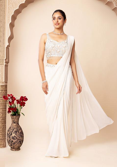 Ivory Pre-Stitched Saree Set With Floral Embroidered Blouse