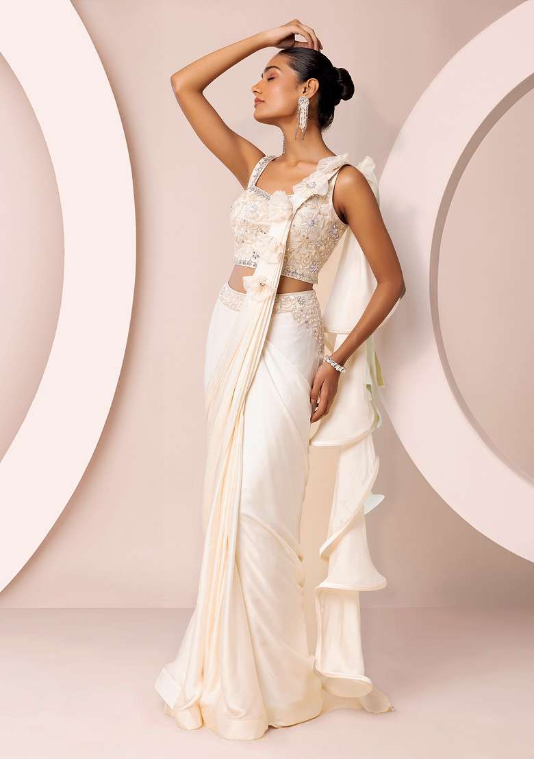 Off White Satin Pre-Stitched Saree Set With Floral Embroidered Blouse - Indya