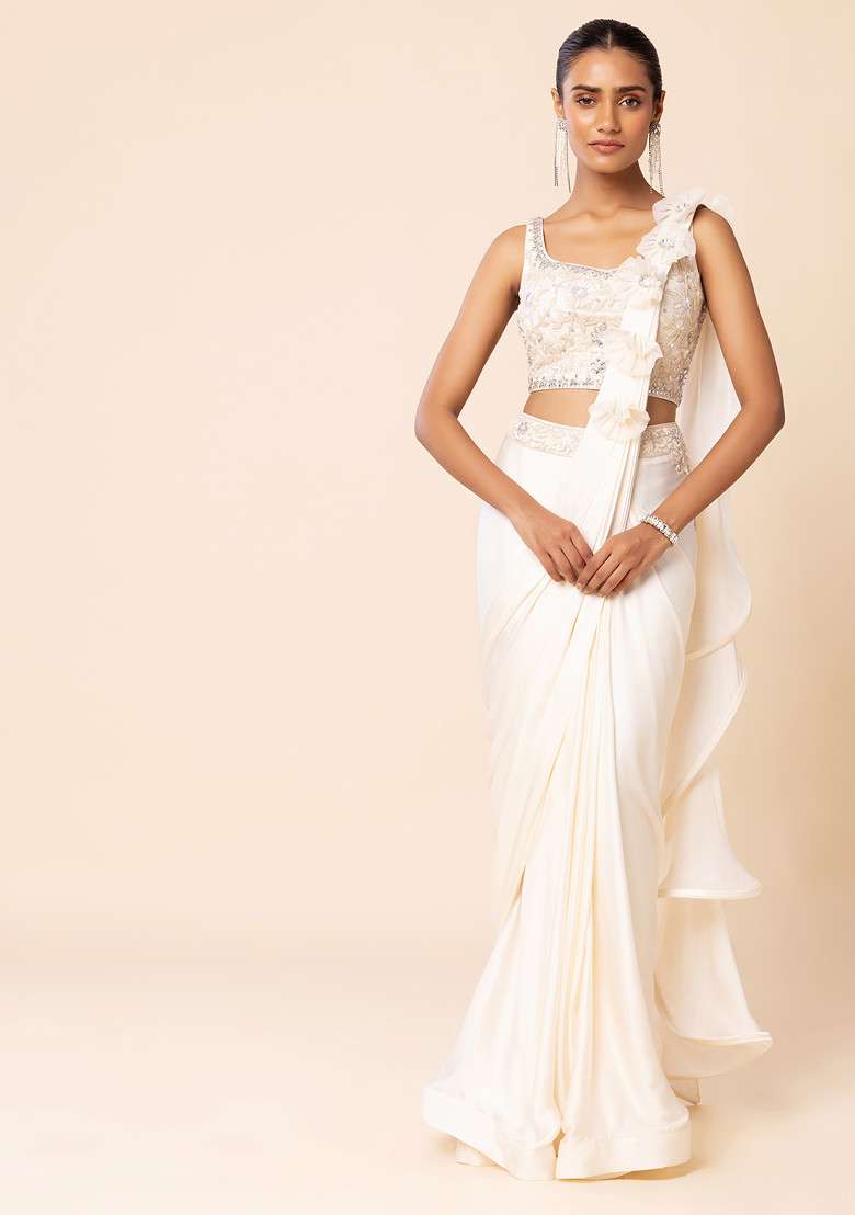 Off White Satin Pre-Stitched Saree Set With Floral Embroidered Blouse - Indya