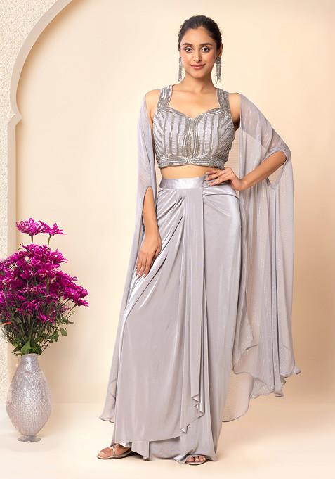 Grey Jacket Set With Hand Embroidered Blouse And Draped Skirt