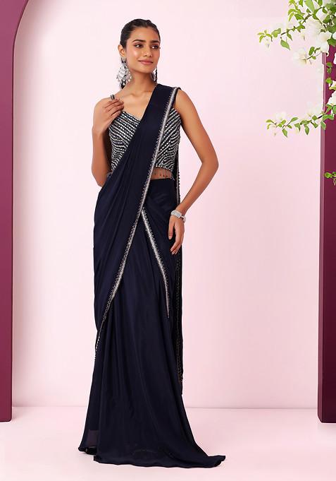 Navy Pre-Stitched Saree Set With Hand Embroidered Blouse