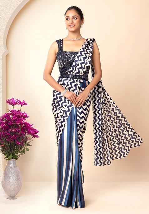 Blue Geometric Print Pre-Stitched Saree Set With Embroidered Blouse And Belt