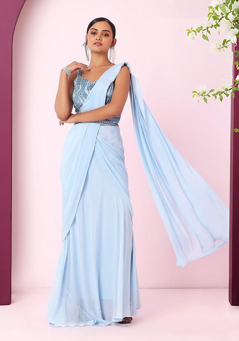 Powder Blue Pre-Stitched Saree Set With Hand Embroidered Blouse And Belt