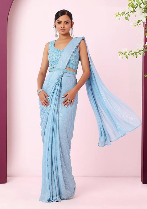 Light Blue Sequin Embroidered Pre-Stitched Saree Set With Blouse And Belt