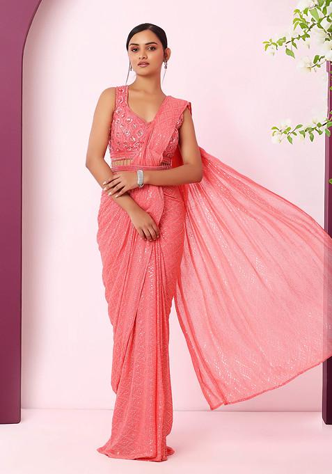 Peach Sequin Embroidered Pre-Stitched Saree Set With Blouse And Belt