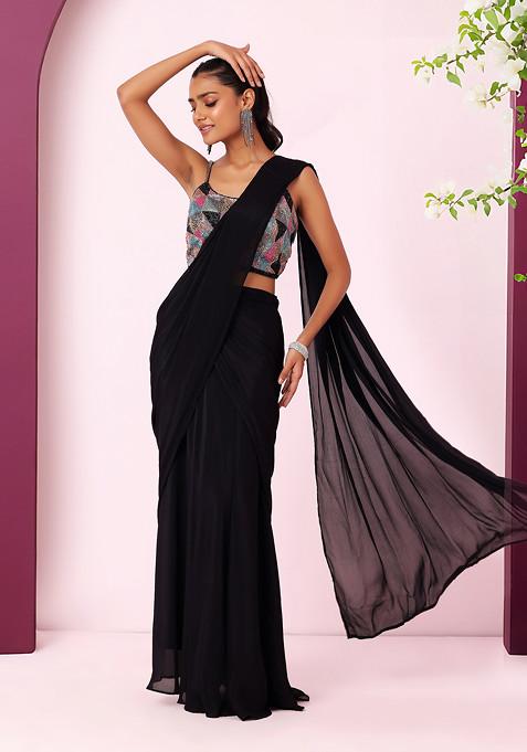 Black Pre-Stitched Saree Set With Multicolour Hand Embroidered Blouse