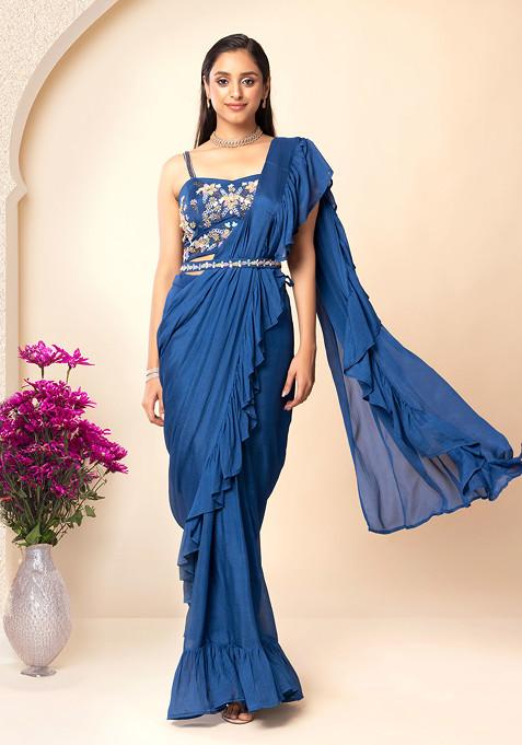 Blue Pre-Stitched Saree Set With Floral Embroidered Blouse And Belt
