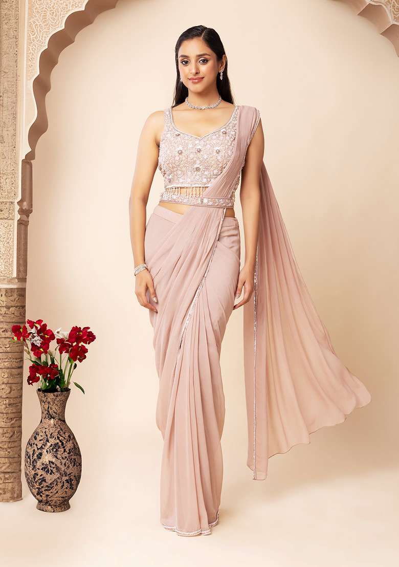 Blush Pink Pre-Stitched Saree Set With Sequin Embellished Blouse And Belt - Indya
