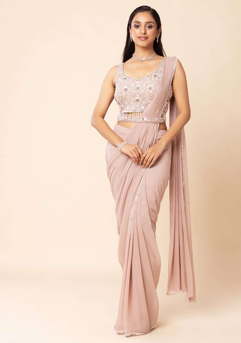 Blush Pink Pre-Stitched Saree Set With Sequin Embellished Blouse And Belt - Indya