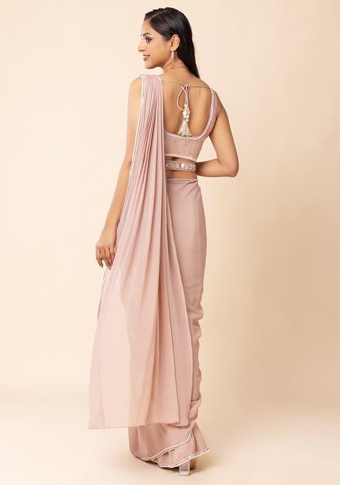 Pink Laced Stitched Pleated Lehenga Saree with Blouse Piece and Laced Belt