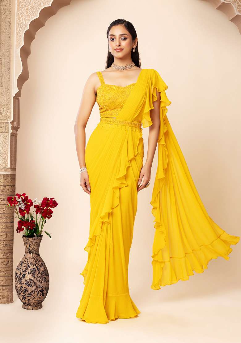 Mustard Pre-Stitched Saree Set With Sequin Embellished Blouse And Belt - Indya