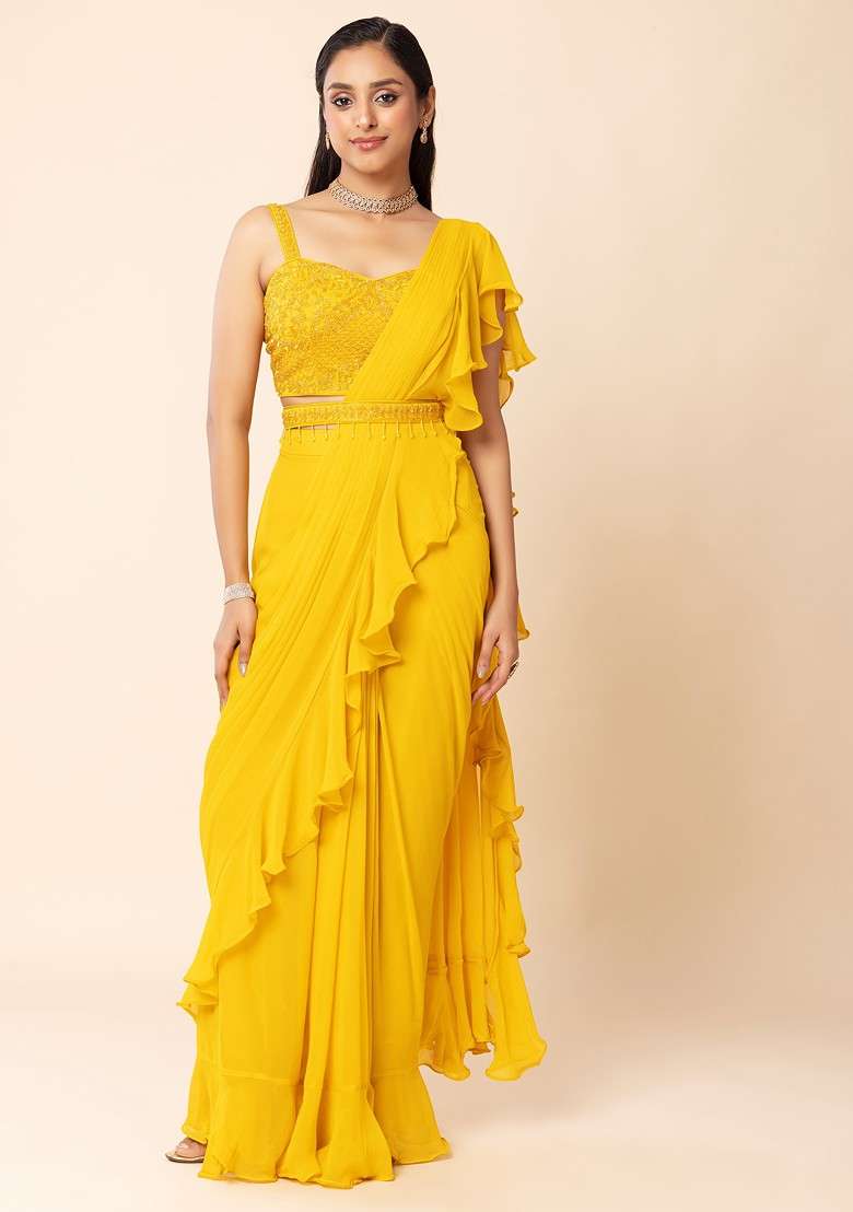 Mustard Pre-Stitched Saree Set With Sequin Embellished Blouse And Belt - Indya
