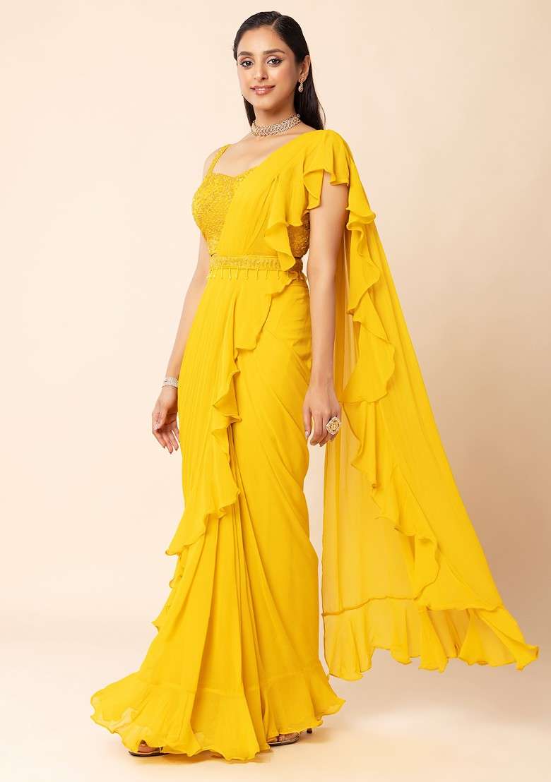 Mustard Pre-Stitched Saree Set With Sequin Embellished Blouse And Belt - Indya