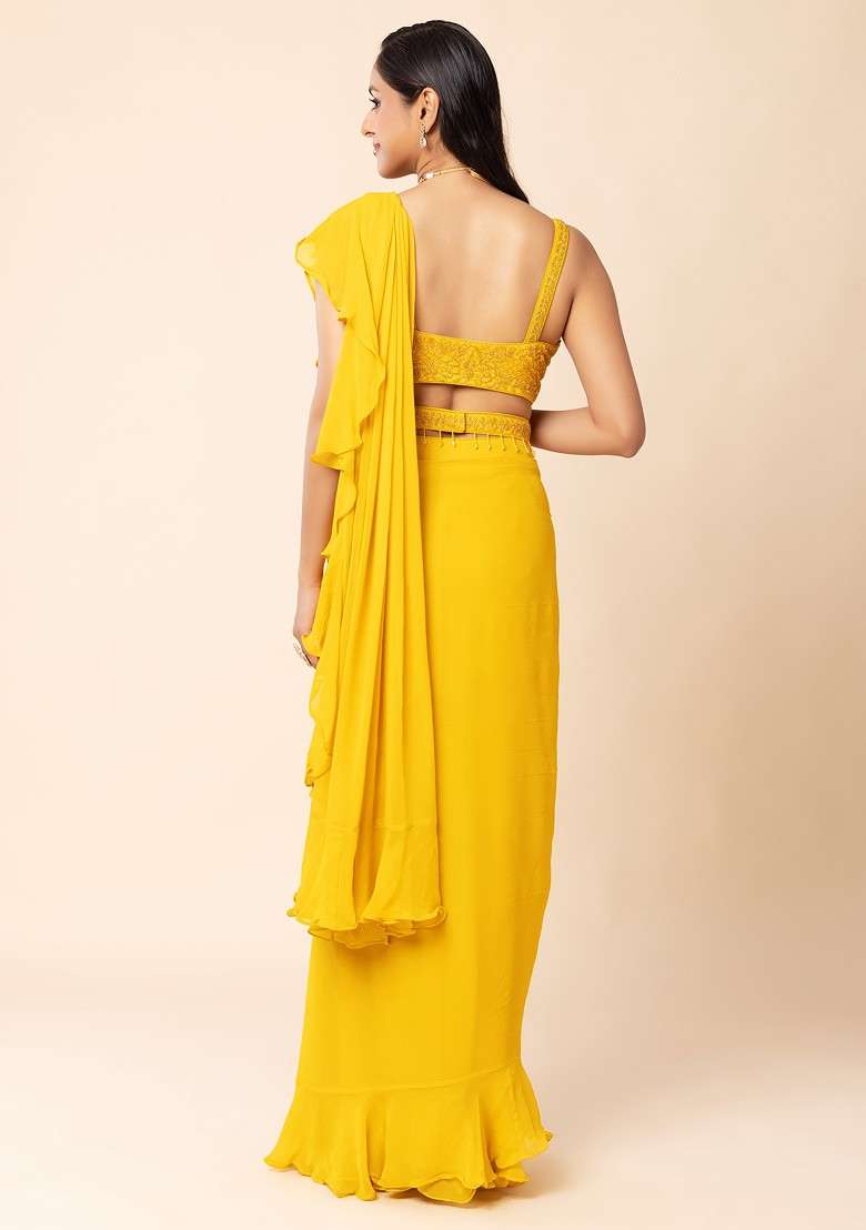 Mustard Pre-Stitched Saree Set With Sequin Embellished Blouse And Belt - Indya