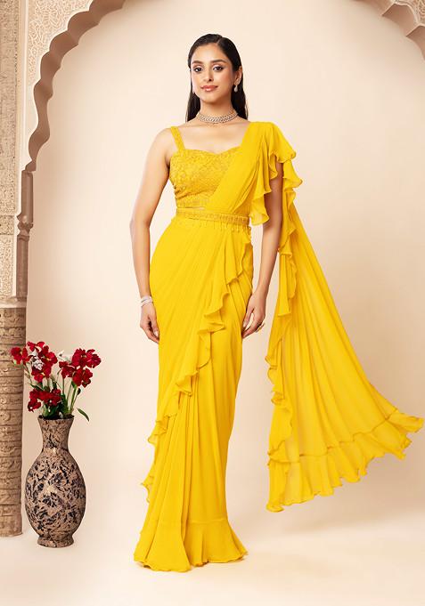Mustard Pre-Stitched Saree Set With Sequin Embellished Blouse And Belt