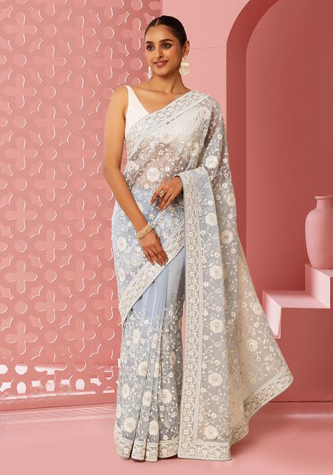 Pastel Blue Floral Thread And Swarovski Embroidered Saree With Blouse