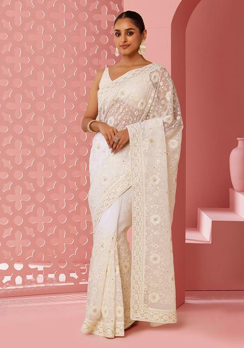 Off White Floral Thread And Swarovski Embroidered Saree With Blouse