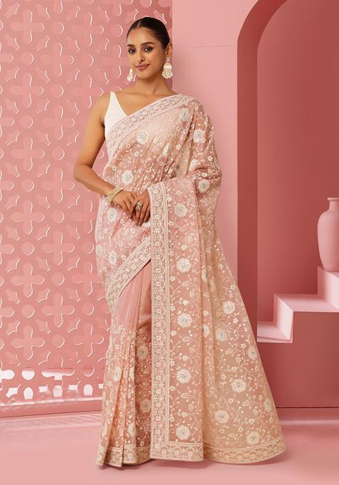 Pastel Pink Floral Thread And Swarovski Embroidered Saree With Blouse