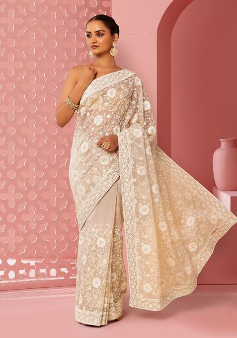 Beige Floral Thread And Swarovski Embroidered Saree With Blouse