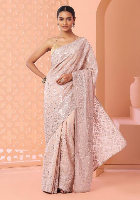 Blush Floral Thread And Zari Embroidered Organza Saree With Blouse