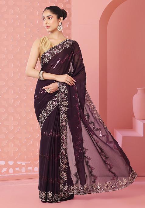 Purple Chevron Sequin And Floral Embroidered Saree With Blouse