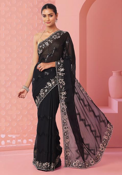 Black Chevron Sequin And Floral Embroidered Saree With Blouse