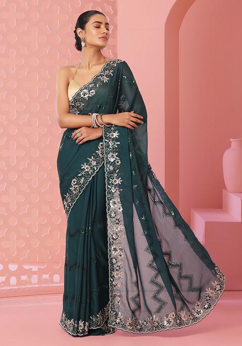 Deep Green Chevron Sequin And Floral Embroidered Saree With Blouse