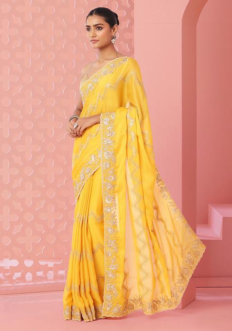 Yellow Chevron Sequin And Floral Embroidered Saree With Blouse