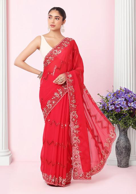 Rani Pink Chevron Sequin And Floral Embroidered Saree With Blouse