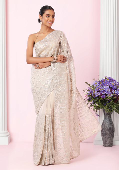 Light Grey Thread And Gota Patti Embellished Organza Saree With Blouse