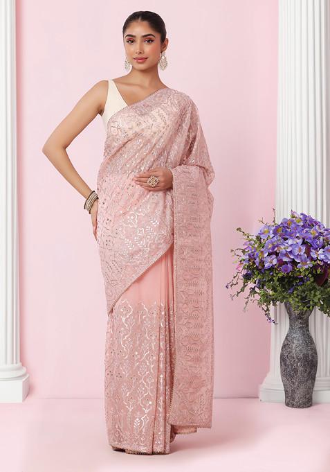 Pastel Pink Thread And Gota Patti Embellished Organza Saree With Blouse